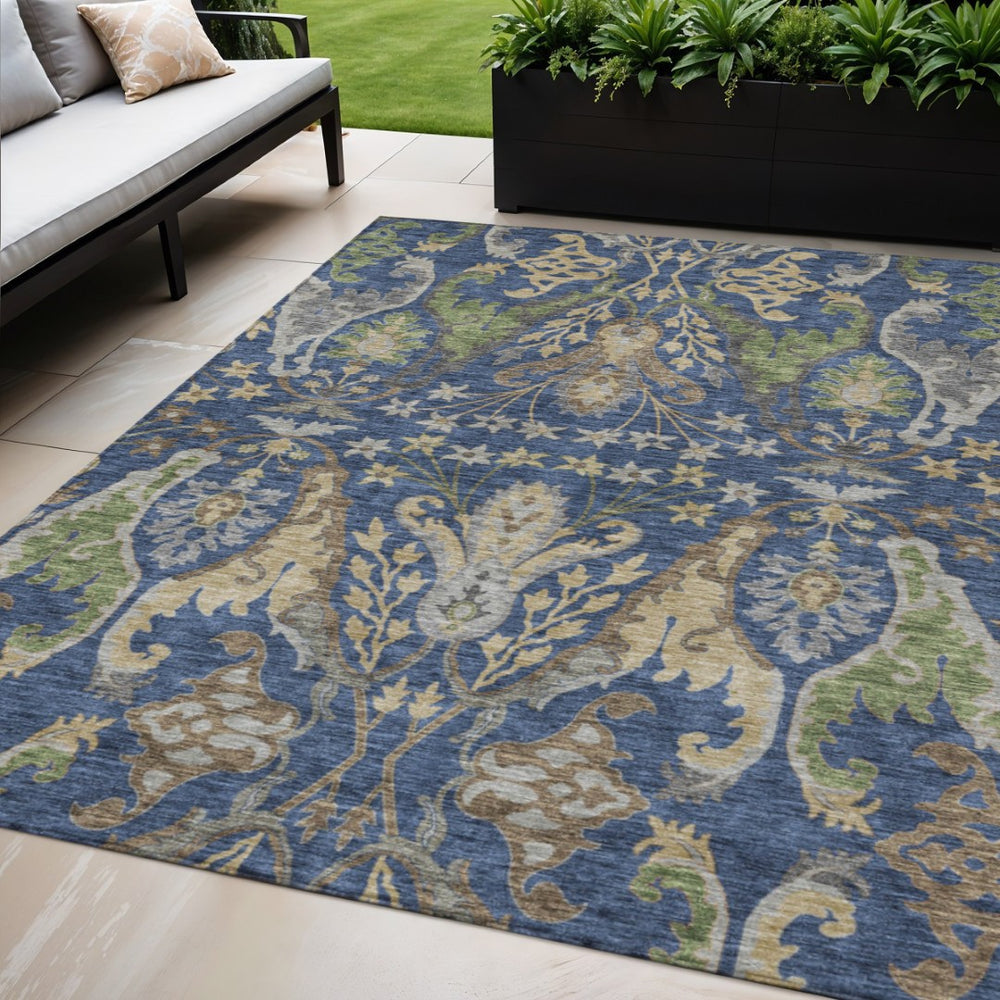 HomeRoots 5' Washable Floral Indoor Outdoor Area Rug in Navy, Green & Brown – Durable & Easy to Clean! 5' X 8' 605290