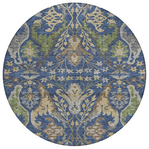 HomeRoots 5' Washable Floral Indoor Outdoor Area Rug in Navy, Green & Brown – Durable & Easy to Clean! 8' Round 605291