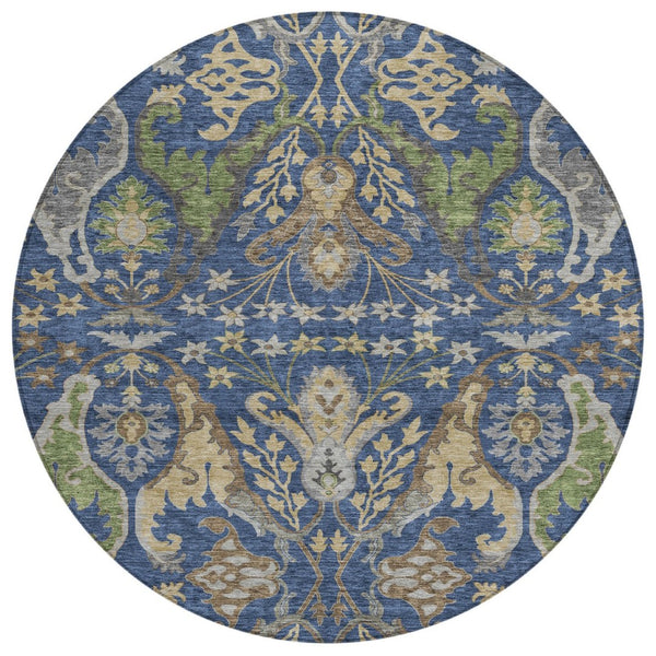 HomeRoots 5' Washable Floral Indoor Outdoor Area Rug in Navy, Green & Brown – Durable & Easy to Clean! 8' Round 605291