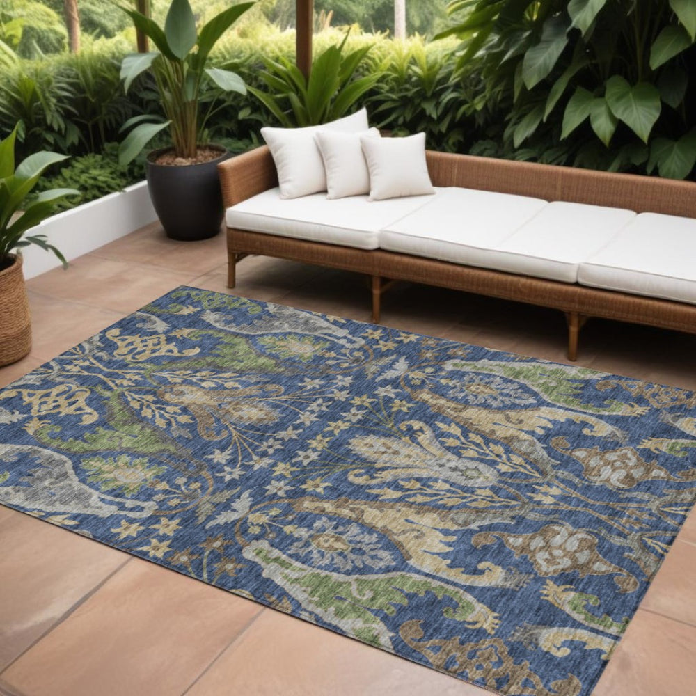 HomeRoots 9' Navy Blue Green Brown Floral Washable Area Rug - Durable Indoor Outdoor Design for High-Traffic Areas 605293