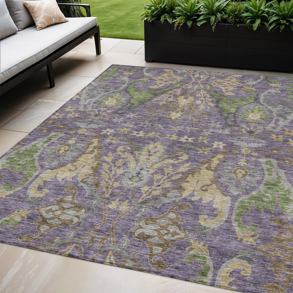 HomeRoots 5' Floral Washable Indoor Outdoor Area Rug - Vibrant Purple, Green, and Brown Design for Any Space 5' X 8' 605296