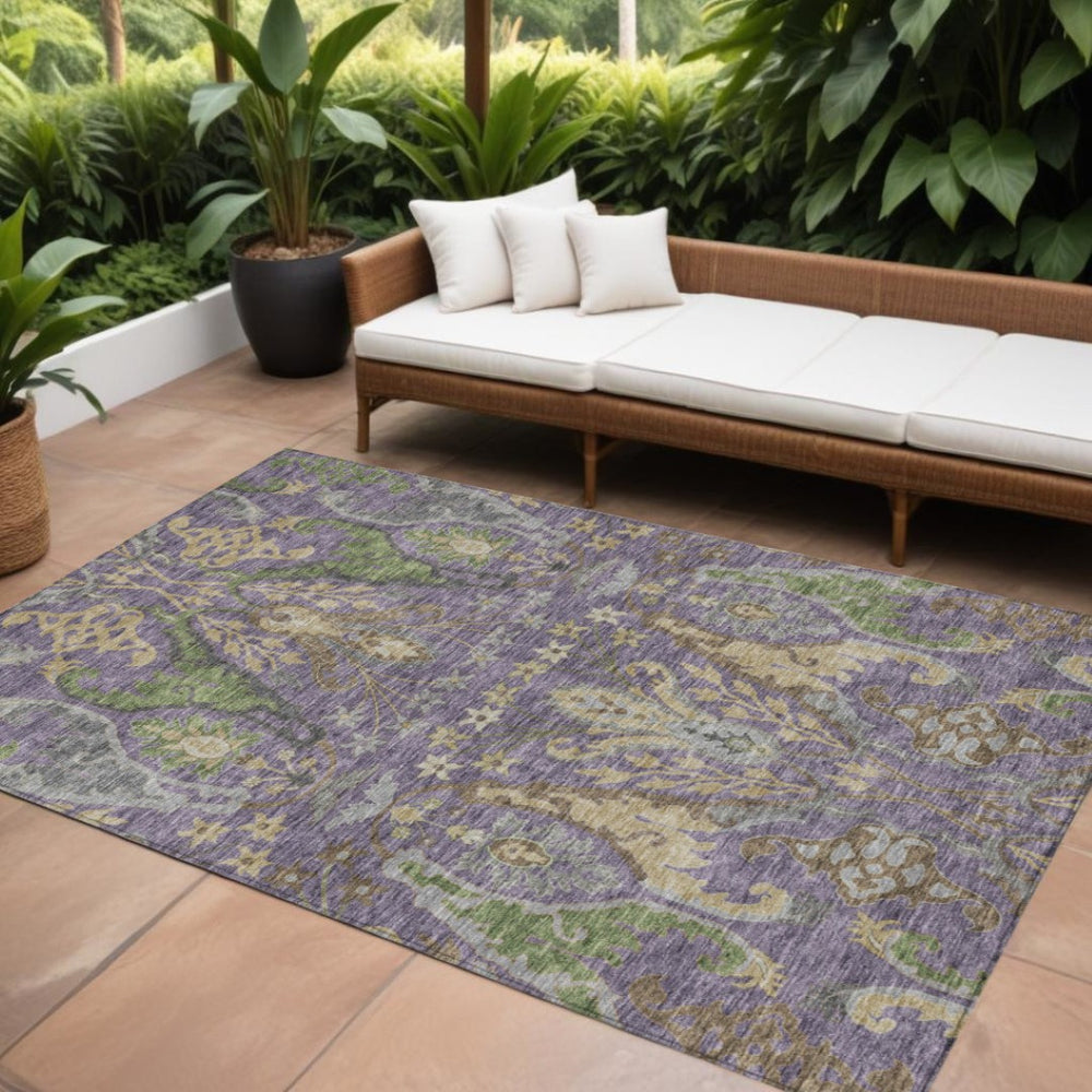 HomeRoots 9' Washable Floral Area Rug - Durable Purple, Green & Brown Design for Indoor & Outdoor Spaces 605299