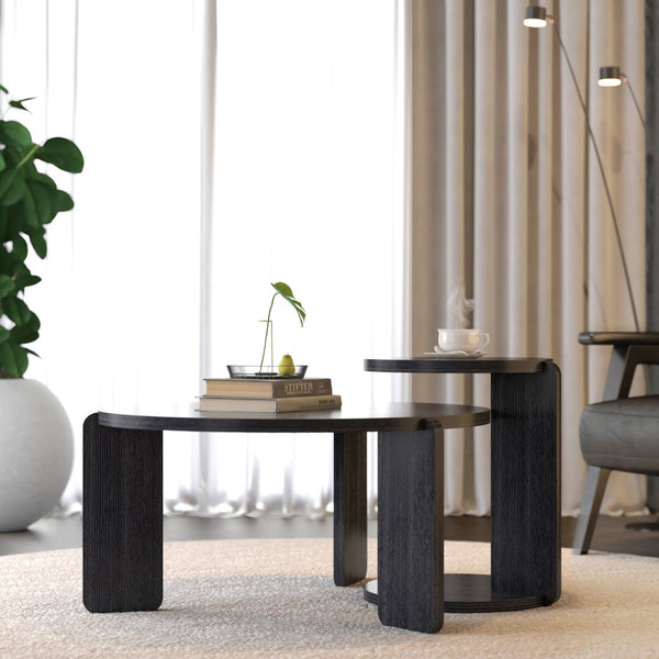 English Elm 32.68 Inch Black Oak Veneer Nesting Round Coffee Table Set for Modern Living Rooms W2899P435699