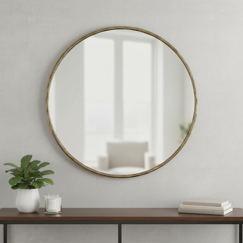 HomeRoots 36" Brass Round Iron Framed Accent Mirror - Rustic Modern Decor for Living Room, Entryway, and More! 605302