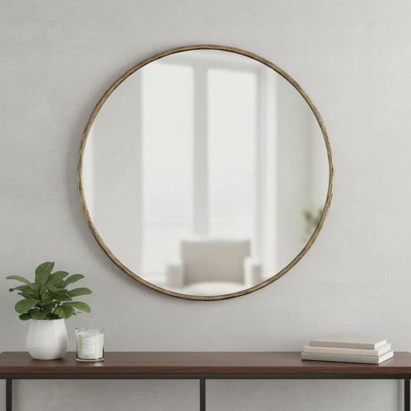 HomeRoots 36" Brass Round Iron Framed Accent Mirror - Rustic Modern Decor for Living Room, Entryway, and More! 605302