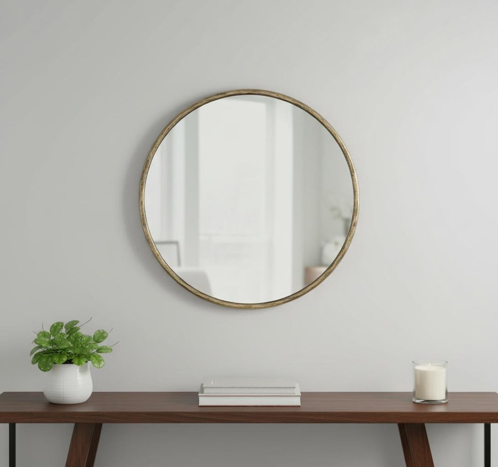 HomeRoots 30" Elegant Brass Round Mirror with Iron Frame - Vintage-Inspired Accent for Any Room Décor 605303