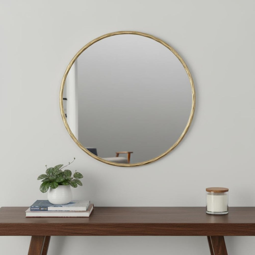 HomeRoots 24" Brass Round Iron Framed Accent Mirror - Elegant Wall Decor for Modern Living Spaces & Offices 605304