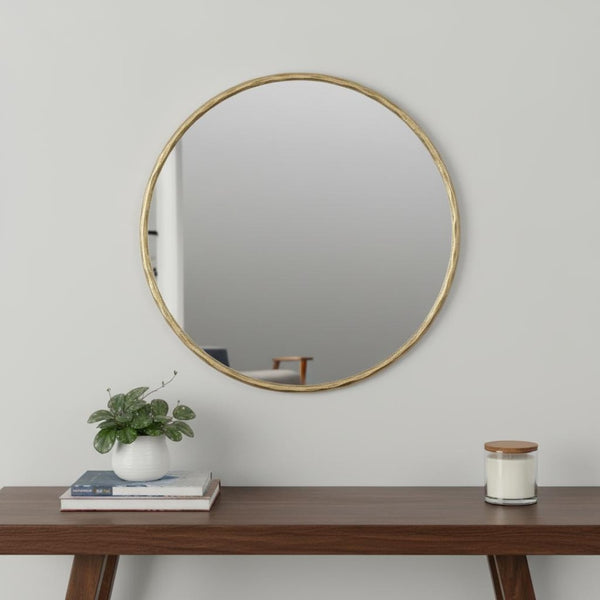 HomeRoots 24" Brass Round Iron Framed Accent Mirror - Elegant Wall Decor for Modern Living Spaces & Offices 605304
