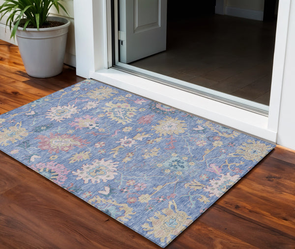 Homeroots 3' Blue Pink And Ivory Floral Washable Area Rug For Indoor And Outdoor Spaces, Durable And Stylish 3' X 5' Polyester 605307