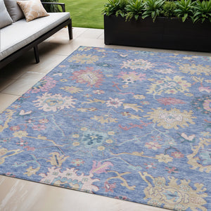 Homeroots 3' Blue Pink And Ivory Floral Washable Area Rug For Indoor And Outdoor Spaces, Durable And Stylish 5' X 8' Polyester 605308
