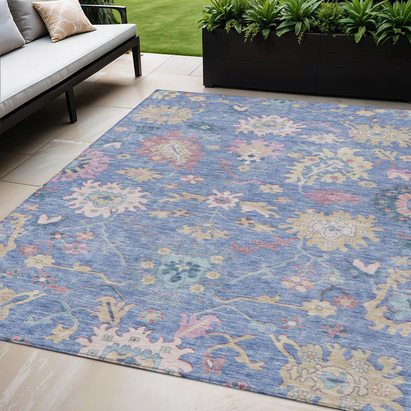 Homeroots 3' Blue Pink And Ivory Floral Washable Area Rug For Indoor And Outdoor Spaces, Durable And Stylish 5' X 8' Polyester 605308