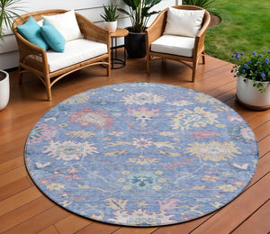 Homeroots 3' Blue Pink And Ivory Floral Washable Area Rug For Indoor And Outdoor Spaces, Durable And Stylish 8' Round Polyester 605309