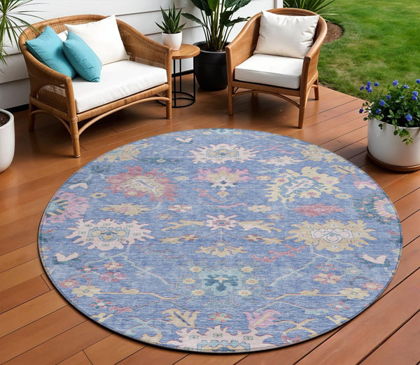 Homeroots 3' Blue Pink And Ivory Floral Washable Area Rug For Indoor And Outdoor Spaces, Durable And Stylish 8' Round Polyester 605309