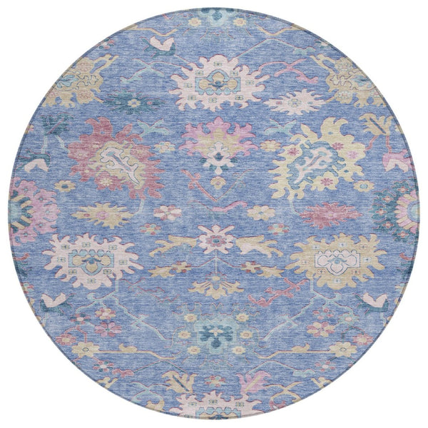 HomeRoots 5' Floral Area Rug in Blue, Pink, and Ivory – Washable, Durable, Ideal for Indoor and Outdoor Use 8' Round 605309