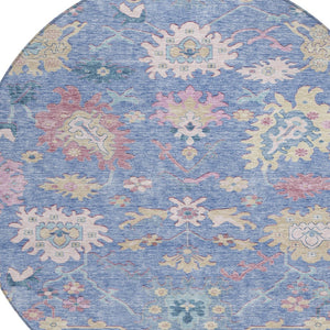 Homeroots 3' Blue Pink And Ivory Floral Washable Area Rug For Indoor And Outdoor Spaces, Durable And Stylish 8' Round Polyester 605309