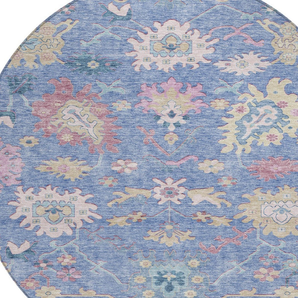 Homeroots 3' Blue Pink And Ivory Floral Washable Area Rug For Indoor And Outdoor Spaces, Durable And Stylish 8' Round Polyester 605309
