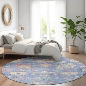 Homeroots 3' Blue Pink And Ivory Floral Washable Area Rug For Indoor And Outdoor Spaces, Durable And Stylish 8' Round Polyester 605309