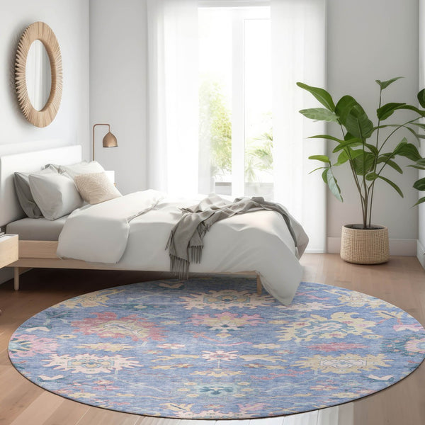 Homeroots 3' Blue Pink And Ivory Floral Washable Area Rug For Indoor And Outdoor Spaces, Durable And Stylish 8' Round Polyester 605309