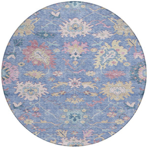 Homeroots 3' Blue Pink And Ivory Floral Washable Area Rug For Indoor And Outdoor Spaces, Durable And Stylish 8' Round Polyester 605309