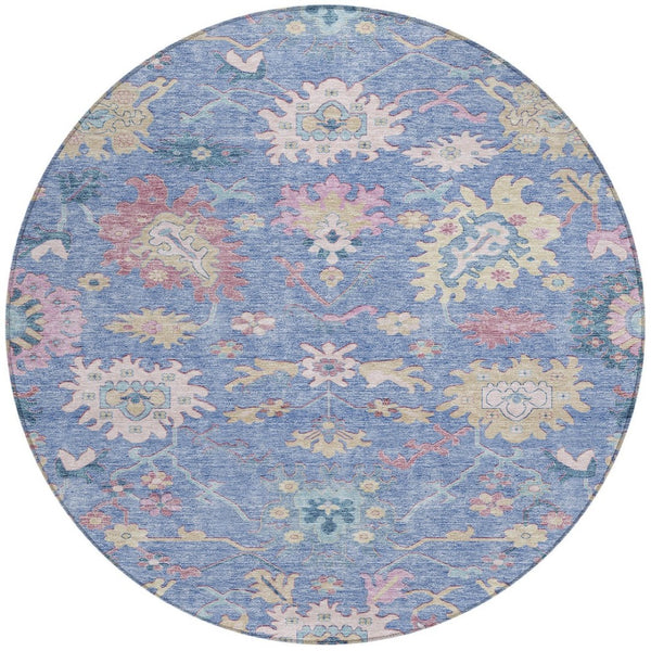 Homeroots 3' Blue Pink And Ivory Floral Washable Area Rug For Indoor And Outdoor Spaces, Durable And Stylish 8' Round Polyester 605309