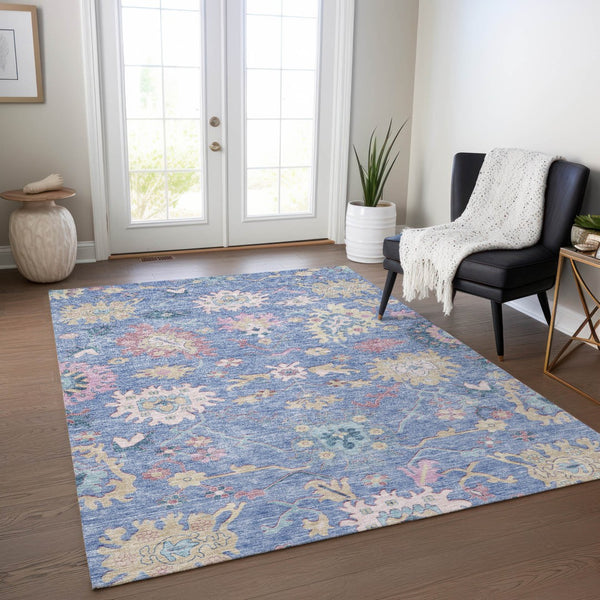 Homeroots 3' Blue Pink And Ivory Floral Washable Area Rug For Indoor And Outdoor Spaces, Durable And Stylish 8' X 10' Polyester 605310