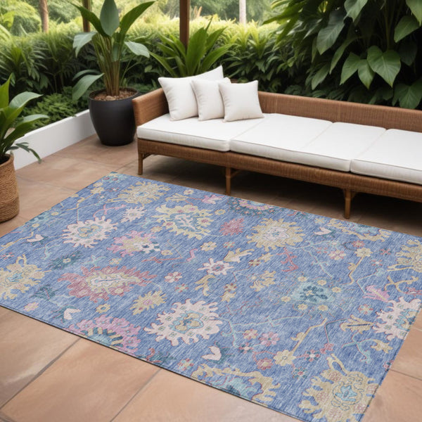 Homeroots 3' Blue Pink And Ivory Floral Washable Area Rug For Indoor And Outdoor Spaces, Durable And Stylish 9' X 12' Polyester 605311