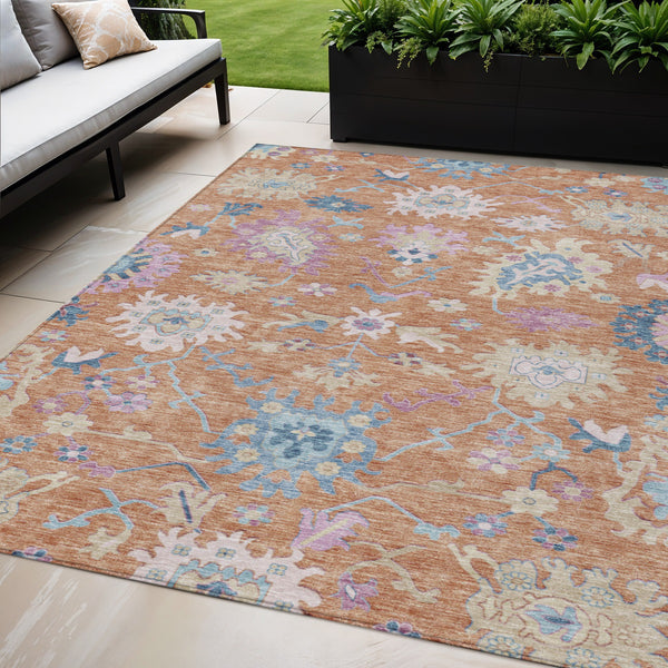 Homeroots 3' Blue Pink And Ivory Floral Washable Area Rug For Indoor And Outdoor Spaces, Durable And Stylish 5' X 8' Polyester 605314