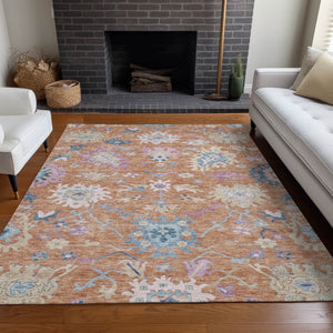 Homeroots 3' Blue Pink And Ivory Floral Washable Area Rug For Indoor And Outdoor Spaces, Durable And Stylish 5' X 8' Polyester 605314