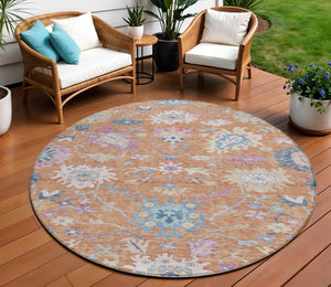 Homeroots 3' Blue Pink And Ivory Floral Washable Area Rug For Indoor And Outdoor Spaces, Durable And Stylish 8' Round Polyester 605315