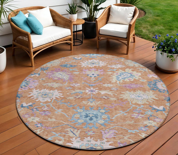 Homeroots 3' Blue Pink And Ivory Floral Washable Area Rug For Indoor And Outdoor Spaces, Durable And Stylish 8' Round Polyester 605315