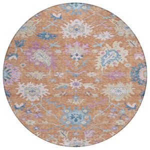 HomeRoots 5' Vibrant Floral Indoor Outdoor Area Rug in Orange, Pink, & Denim Blue - Machine Washable Design 8' Round 605315