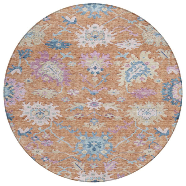 HomeRoots 5' Vibrant Floral Indoor Outdoor Area Rug in Orange, Pink, & Denim Blue - Machine Washable Design 8' Round 605315