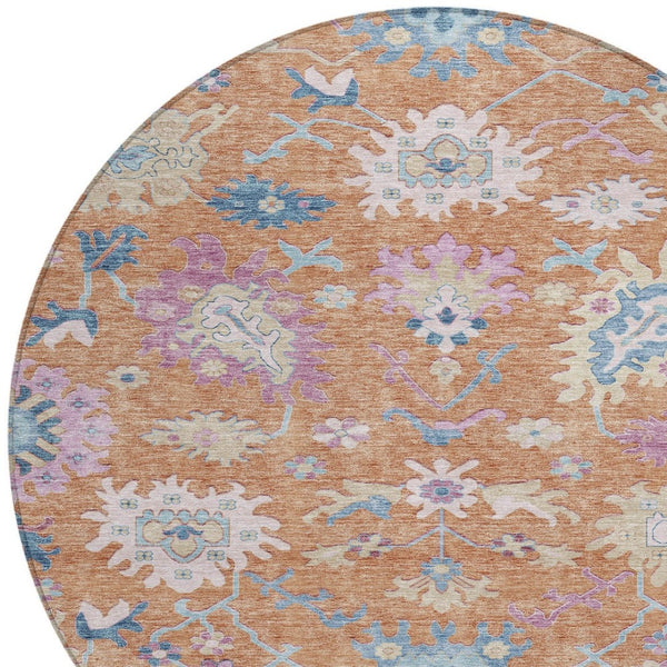 Homeroots 3' Blue Pink And Ivory Floral Washable Area Rug For Indoor And Outdoor Spaces, Durable And Stylish 8' Round Polyester 605315