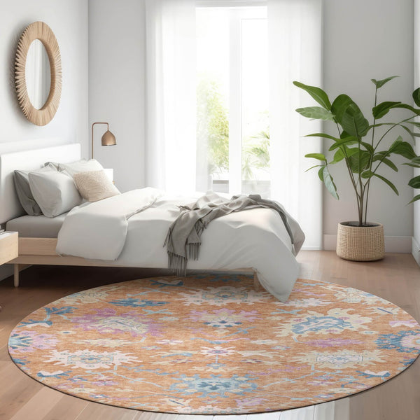 Homeroots 3' Blue Pink And Ivory Floral Washable Area Rug For Indoor And Outdoor Spaces, Durable And Stylish 8' Round Polyester 605315