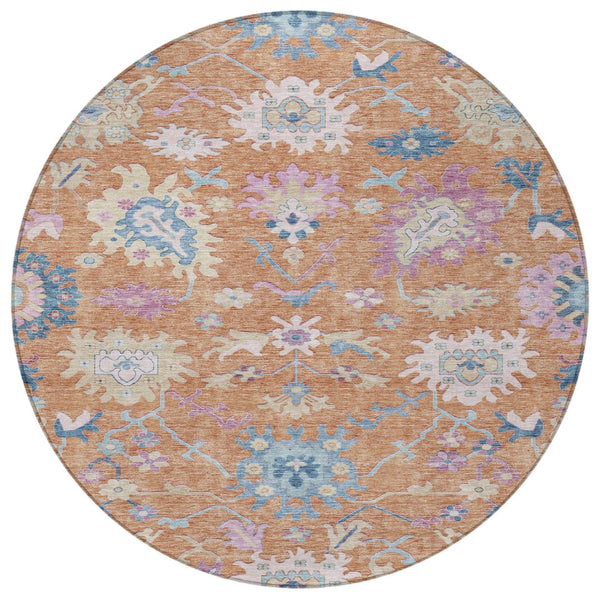 Homeroots 3' Blue Pink And Ivory Floral Washable Area Rug For Indoor And Outdoor Spaces, Durable And Stylish 8' Round Polyester 605315