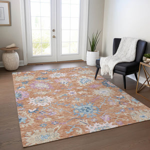 Homeroots 3' Blue Pink And Ivory Floral Washable Area Rug For Indoor And Outdoor Spaces, Durable And Stylish 8' X 10' Polyester 605316