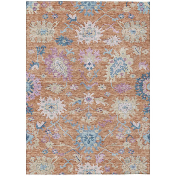HomeRoots 5' Vibrant Floral Indoor Outdoor Area Rug in Orange, Pink, & Denim Blue - Machine Washable Design 10' X 14' 605318