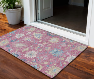 Homeroots 3' Blue Pink And Ivory Floral Washable Area Rug For Indoor And Outdoor Spaces, Durable And Stylish 3' X 5' Polyester 605319