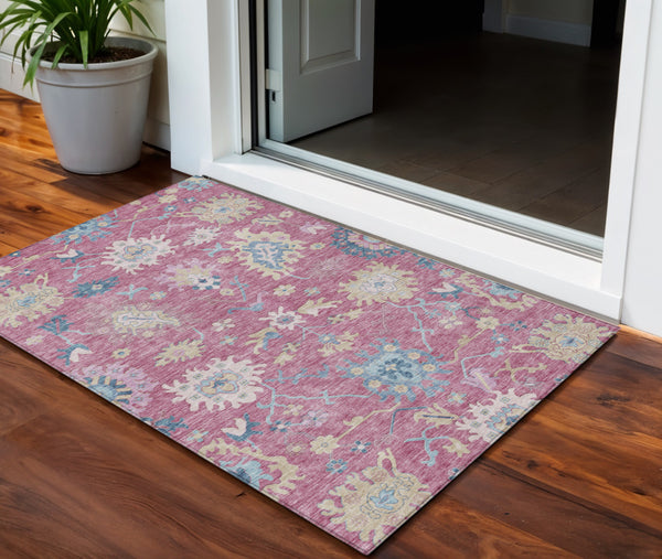 Homeroots 3' Blue Pink And Ivory Floral Washable Area Rug For Indoor And Outdoor Spaces, Durable And Stylish 3' X 5' Polyester 605319