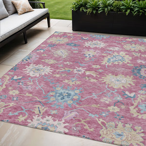 Homeroots 3' Blue Pink And Ivory Floral Washable Area Rug For Indoor And Outdoor Spaces, Durable And Stylish 5' X 8' Polyester 605320