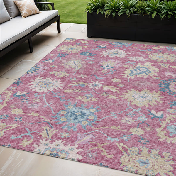 Homeroots 3' Blue Pink And Ivory Floral Washable Area Rug For Indoor And Outdoor Spaces, Durable And Stylish 5' X 8' Polyester 605320