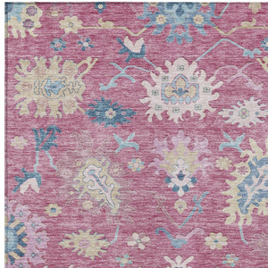 Homeroots 3' Blue Pink And Ivory Floral Washable Area Rug For Indoor And Outdoor Spaces, Durable And Stylish 5' X 8' Polyester 605320