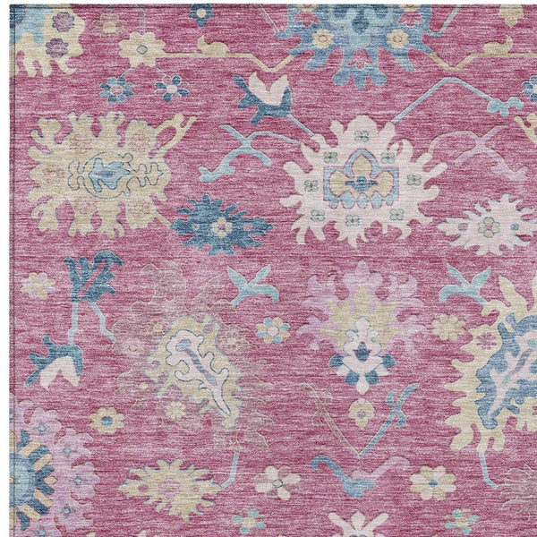Homeroots 3' Blue Pink And Ivory Floral Washable Area Rug For Indoor And Outdoor Spaces, Durable And Stylish 5' X 8' Polyester 605320