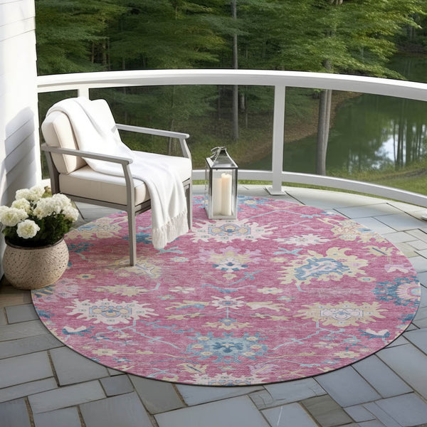 Homeroots 3' Blue Pink And Ivory Floral Washable Area Rug For Indoor And Outdoor Spaces, Durable And Stylish 8' Round Polyester 605321
