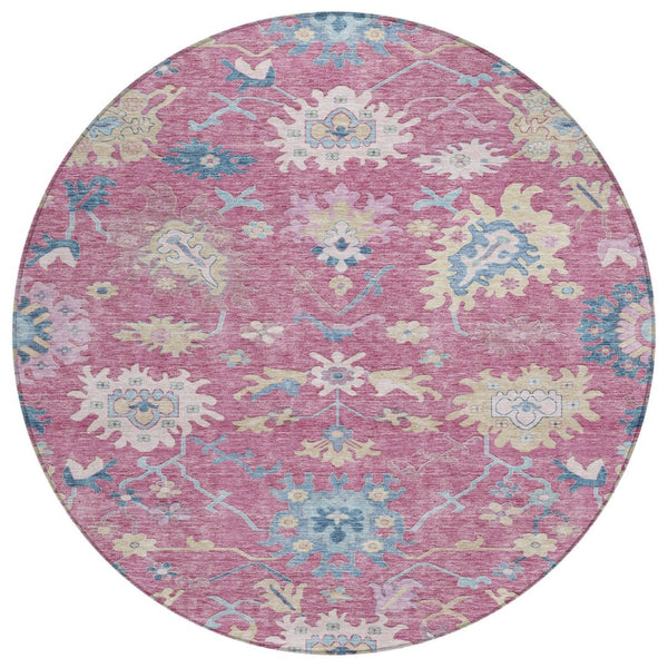 HomeRoots 5' Floral Washable Area Rug in Pink, Ivory & Denim Blue - Stylish, Durable, Indoor/Outdoor Decor 8' Round 605321