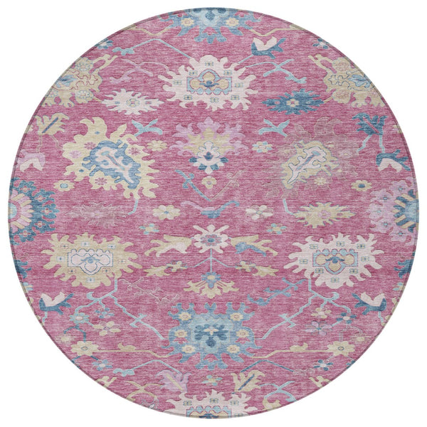 Homeroots 3' Blue Pink And Ivory Floral Washable Area Rug For Indoor And Outdoor Spaces, Durable And Stylish 8' Round Polyester 605321