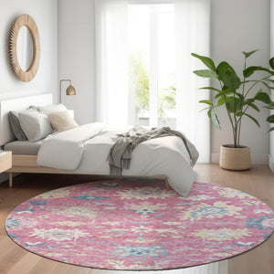 Homeroots 3' Blue Pink And Ivory Floral Washable Area Rug For Indoor And Outdoor Spaces, Durable And Stylish 8' Round Polyester 605321