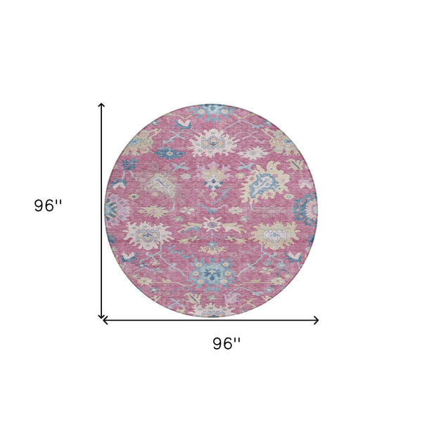 Homeroots 3' Blue Pink And Ivory Floral Washable Area Rug For Indoor And Outdoor Spaces, Durable And Stylish 8' Round Polyester 605321