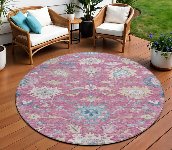 Homeroots 3' Blue Pink And Ivory Floral Washable Area Rug For Indoor And Outdoor Spaces, Durable And Stylish 8' Round Polyester 605321