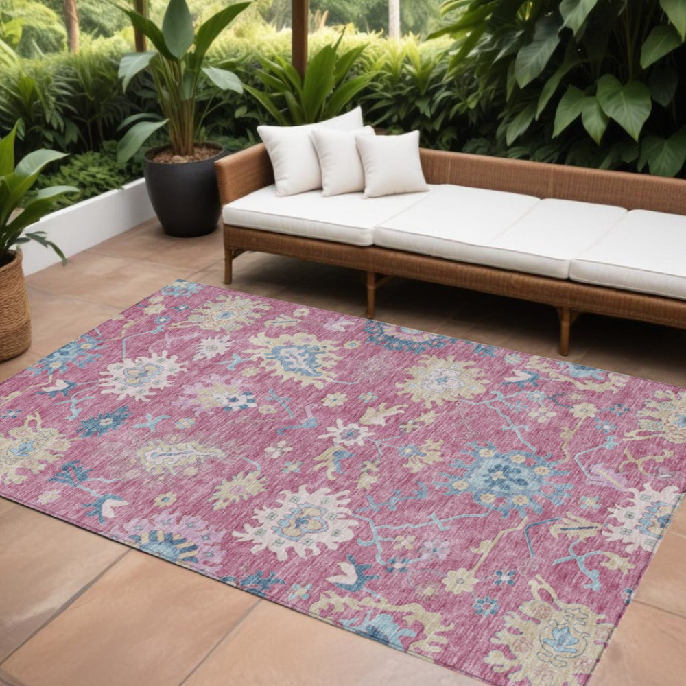 HomeRoots 9' X 12' Floral Washable Area Rug in Pink, Ivory & Denim Blue - Perfect for Indoor & Outdoor Spaces! 605323